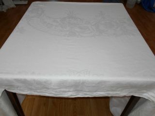 FORMAL 85X71 Vintage Antique White IRISH LINEN DOUBLE DAMASK Tablecloth 2
