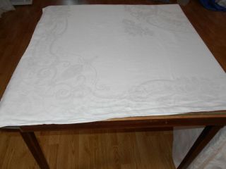 FORMAL 85X71 Vintage Antique White IRISH LINEN DOUBLE DAMASK Tablecloth 3