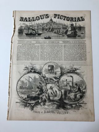 1856 Ballou’s Pictorial State Seal Of Rhode Island Print 7718