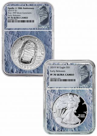2019 P W Apollo 11 50th Silver Eagle 2 Coin Set Ngc Pf70 Er Moon Core Sku57915