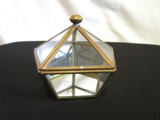 Vtg Small Pentagon Shape Plain Glass & Brass Mirror Bottom Terrarium Trinket Box