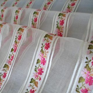 Vintage Airy Silk Remnant 44 " X 24 " Embroidered Ribbons Of Pink Flowers Fringed