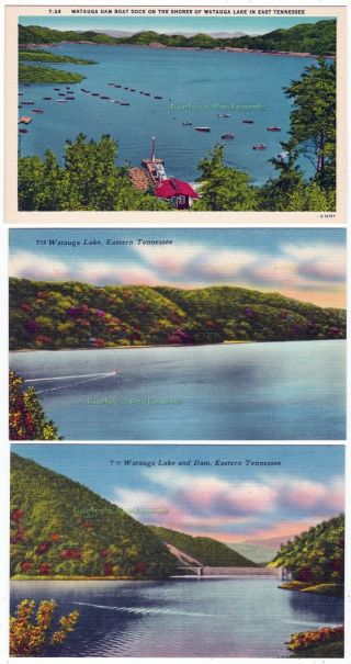 3 - Watauga Lake Tennessee - C1940 Postcards Dam Boat Dock Elizabethton Carter
