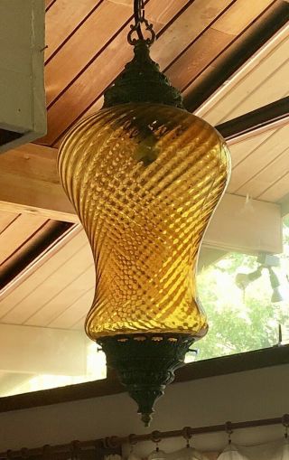 Large Vintage Amber Glass Hanging Swag Lamp