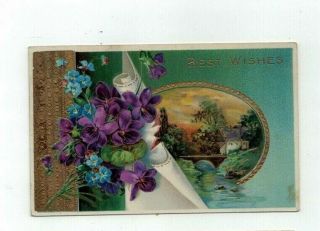 Antique 1914 Embossed Spooner & Barton Post Card " Best Wishes " Flowers Gold Foil