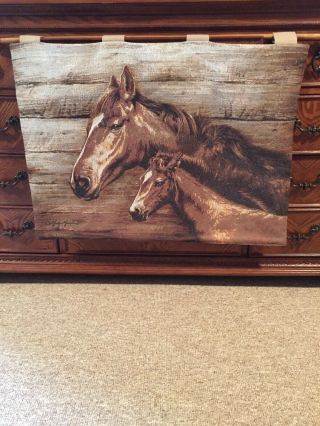Vintage Antique Tapestry Horses Rug Wall Hanging 3 Ft Wide By 25 " On Wooden Rod.