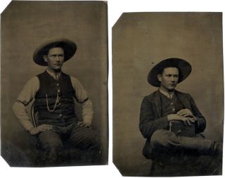 1870s Tintypes Western Man In Cowboy Hat Two Poses,  Same Day