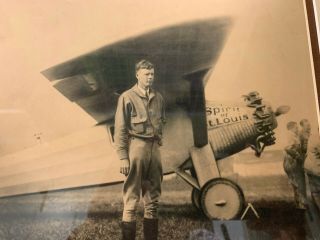 Large Framed photo Charles Lindbergh in front of 