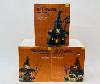 Dept 56 Halloween 3 Witches Cauldron,  Witchcraft Haunt,  Black Cat Shack W/ Boxes
