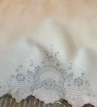 Vintage Set Heirloom Pillowcases Cotton Embroidered Pair Light Blue On White