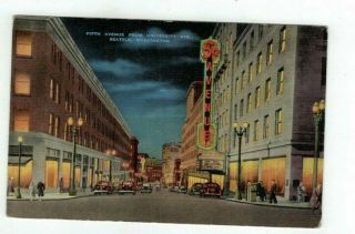 Wa Seattle Washington Antique Linen Post Card Fifth Street At Night