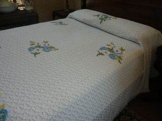 Vintage Blue Floral Squiggle Chenille Fringed Bedspread Full Size 76 " X 108 "