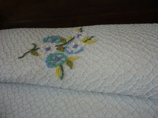 Vintage Blue Floral Squiggle Chenille Fringed Bedspread Full Size 76 