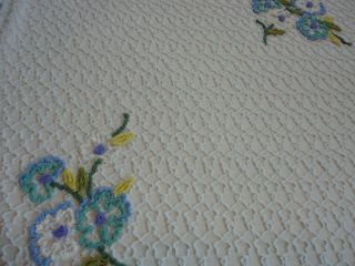 Vintage Blue Floral Squiggle Chenille Fringed Bedspread Full Size 76 