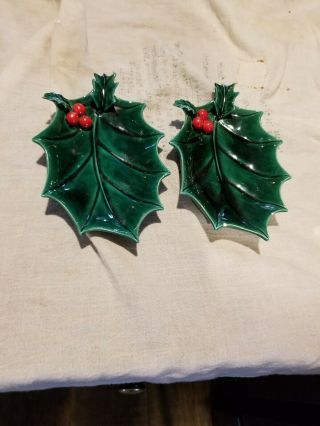 2 Vintage Christmas Lefton Holly Berry Leaf Shaped Trinket Candy Dish Tray