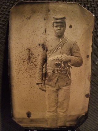 African American Civil War Soldier Sixth Plate Tintype.  Armed With 2 Revolvers.
