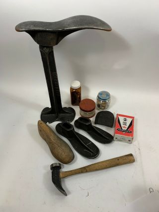 Antique Cobblers Cast Iron Shoe Repair Stand 3 Last Shoes Tool Kit Warranted