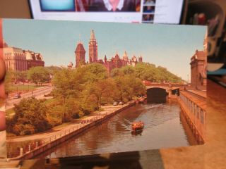 Vintage Old Postcard Ontario Canada Ottawa Rideau Canal Peace Tower Bridge Boat