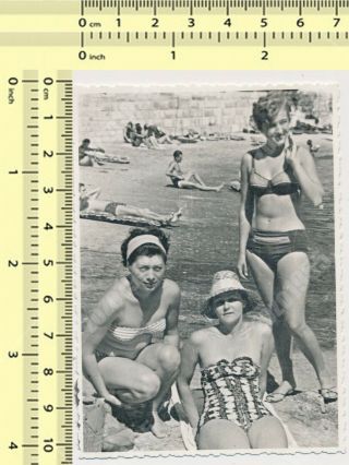 Three Bikini & Swimsuit Women,  Swimwear Ladies On Beach Old Photo