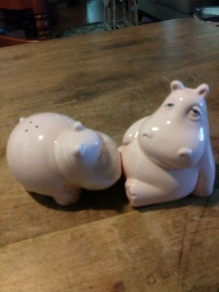 Vintage Pair Figural Hippopotamus Salt & Pepper Shakers Fitz & Floyd