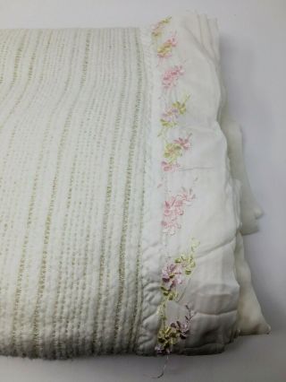 Vintage Twin Sized Waffle Knit Blanket Embroidered Satin Edging Pink White