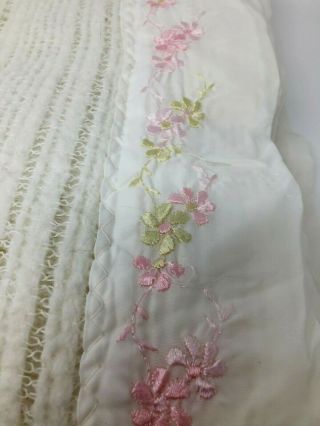 Vintage Twin Sized Waffle Knit Blanket Embroidered Satin Edging Pink White 2