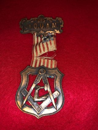 Mason Antique Compass Ruler Hammer In Hand Brass Bronze (?) Pin Jr Ovam