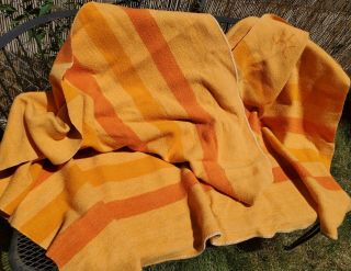 Vintage Baron Woolen Mills Rising Sun Orange Striped Wool Blanket 61 