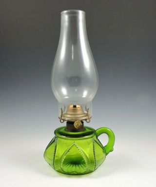 C1890s Emerald Green Queen Heart Antique Finger Kerosene Lamp