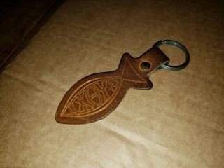 1960s - 70s Vintage Leather Ichthys Jesus Fish Key Ring Chain Fob Hippy