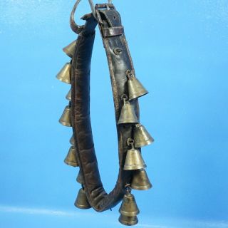 Antique Swiss 15 Bronze Sleigh Bells Leather Collar Horse Parade Metal Buckle