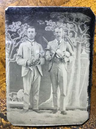 Tintype Of Two Brothers Musicians Playing Trumpet And Violin.