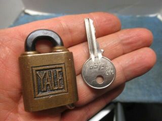 Miniature Old Brass Yale Ptpk Push Key Padlock W/unusual Shackle.  W/key.  N/r