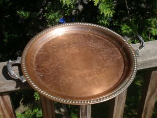 Vintage 12 Inch Etched Copper Round Tray With Handles