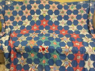 Vintage Hand Stitched Star Pattern Cotton Quilt Top,  Approx 70”x88”
