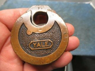 Old Round Brass Pancake Push Key 6 Lever Padlock Lock Yale.  N/r