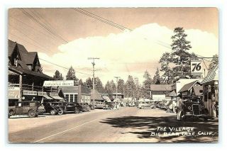 Vintage Postcard Rppc Street View The Village Big Bear Lake California 1942 M1