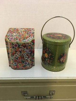 Set Of 2 - Vintage Metal Containers / Decorative Tins / Floral - Made In England