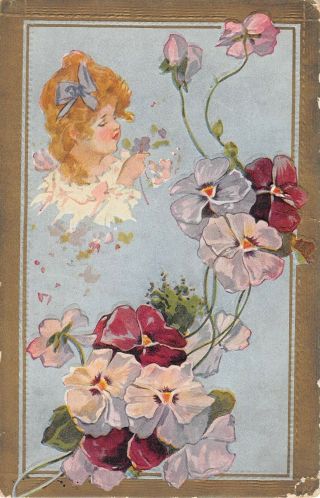 1910 Postcard Of Pretty Little Girl With Pansies By Artist Maud Humphrey