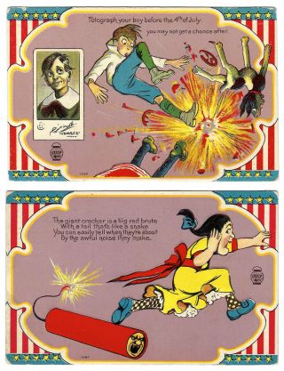 Two 4th Of July Post Cards,  Girl Runs From Fire Cracker,  Boy & Dog Get Blown Up