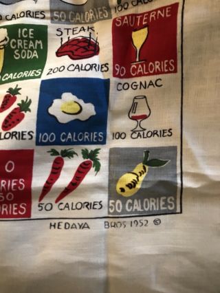 NOS VINTAGE 1950 ' s Diet Calorie Chart Multicolor Table Cloth Linen 52 x 52 more 6