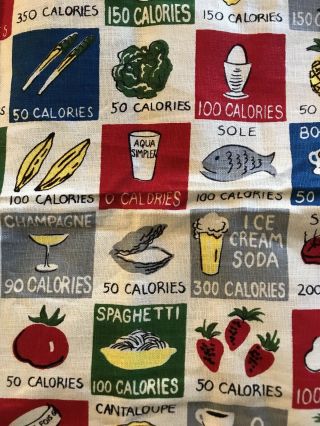 NOS VINTAGE 1950 ' s Diet Calorie Chart Multicolor Table Cloth Linen 52 x 52 more 8