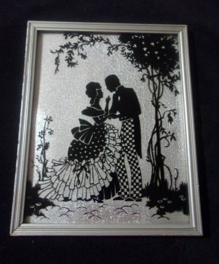 Vintage Reverse Glass Silver Foil Silhouette Picture Romantic Couple 8x10