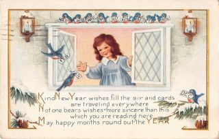 1918 Art Deco Whitney Year Pc Of Little Girl Opening Window To Bluebirds