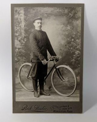 1900 Cabinet Card Photograph Eagle Racer Antique Toc Bicycle W/ Eagle Clothing