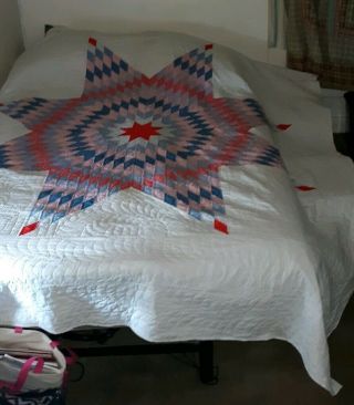 Vintage Handmade And Hand Sewn Lone Star Quilt Red,  White And Blue