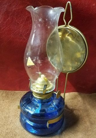 Vintage Three Star Brand Out Door Lamp Cobalt Blue Glass Oil Lamp