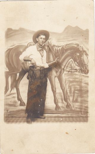 Rppc Real Photo Postcard Of Cowboy With Revolver And Chaps Dallas Texas