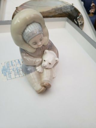 Vintage Lladro 1195 Eskimo Boy Playing W/ Bear Cub Porcelain Figurine