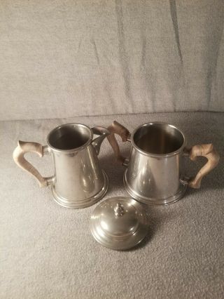 Vintage Wood Handle Trophy Stieff Pewter Creamer & Sugar Bowl With Lid